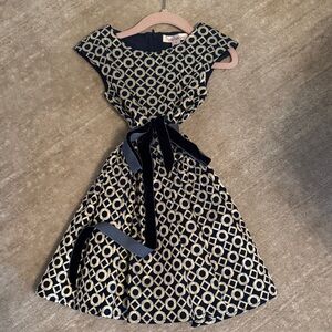 Halabaloo Navy and Gold Fit-and-Flare Midi Dress with Velvet Sash